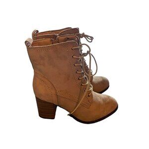 Lace-Up High Heel Womens Boots Tan Size 7 Faux Suede Block Heel